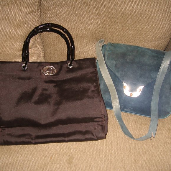 2 Vintage GUCCI Bags for Rehab / Parts Only Bamboo Handles Blue Suede